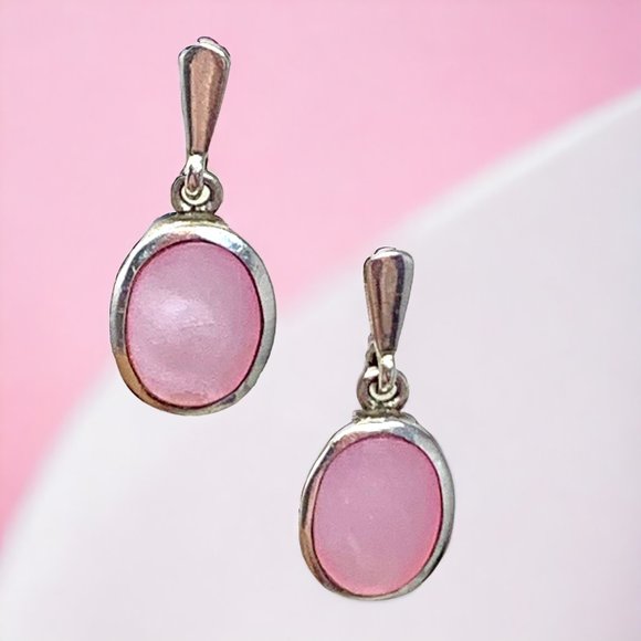 Vintage 925 Sterling Silver Encased Natural Rose‎ Quartz Drop Earrings Signed - Picture 1 of 7